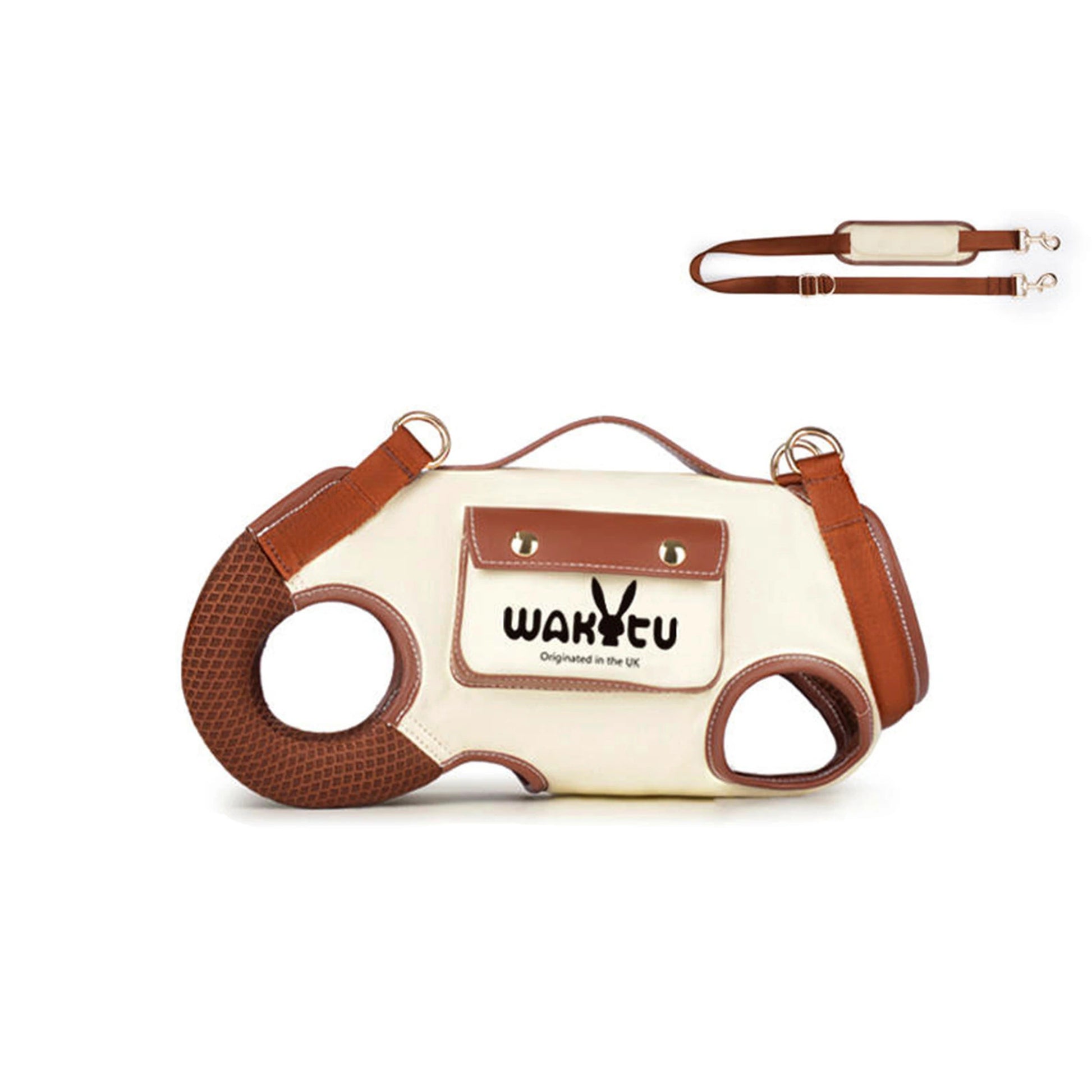 Cream dog carrier harness bag with detachable brown padded crossbody strap