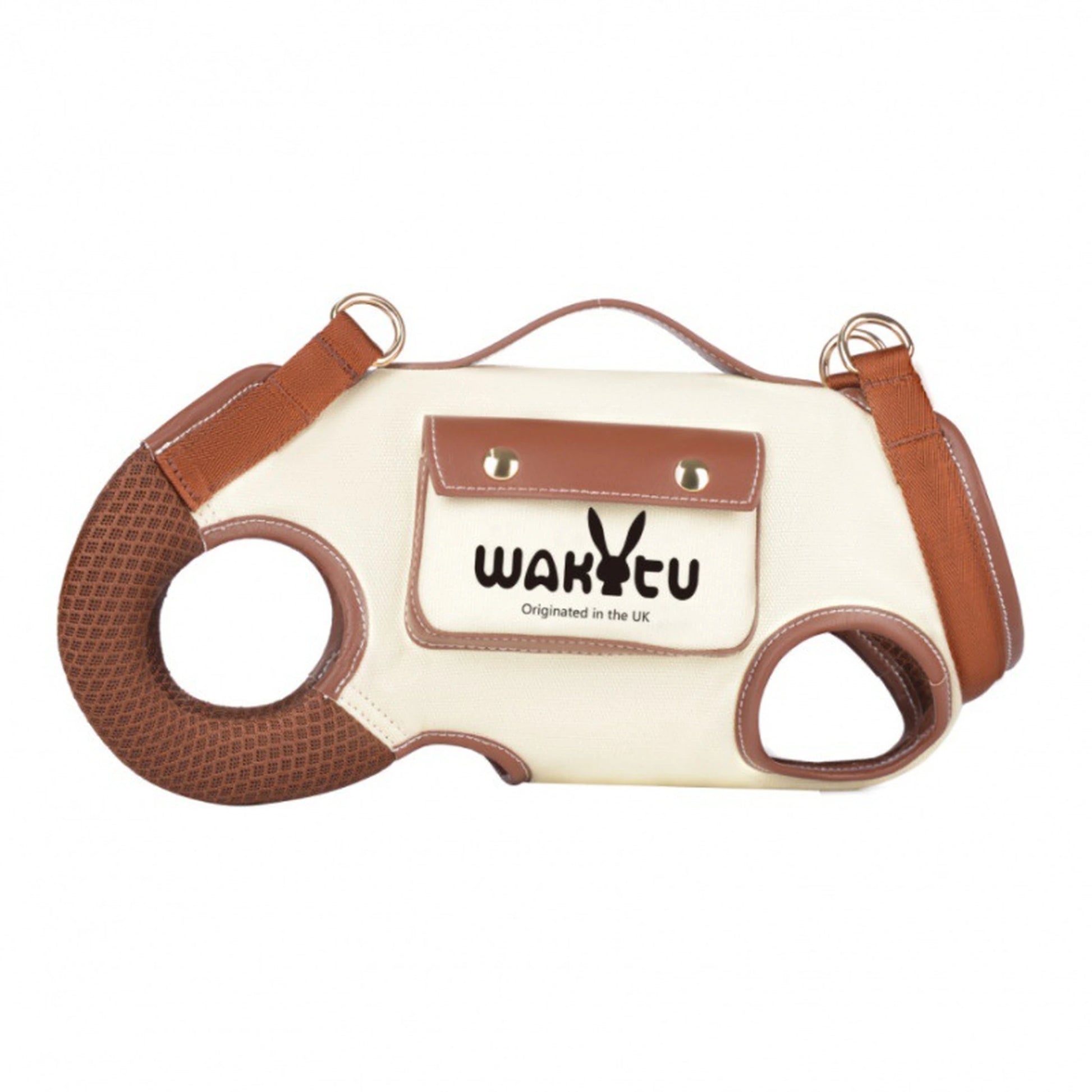 Cream canvas dog carrier harness bag with brown leather trim and mesh leg openings, front view
