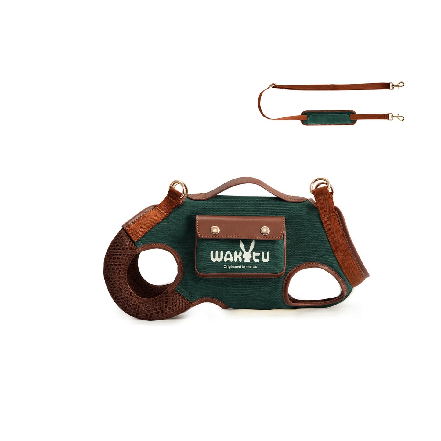 Forest green canvas dog carrier harness bag with brown leather trim