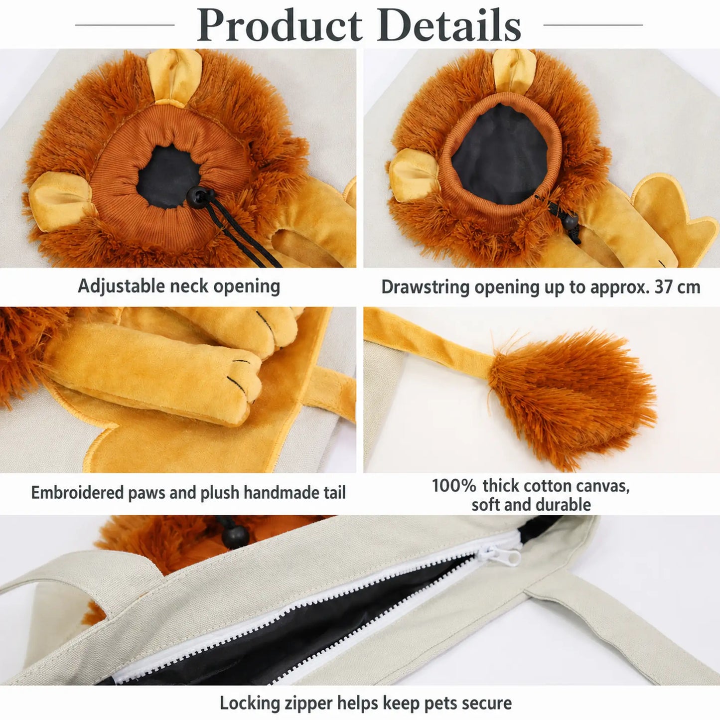 Lion canvas cat carrier features — adjustable neck, drawstring, embroidered paws, plush tail, locking zipper