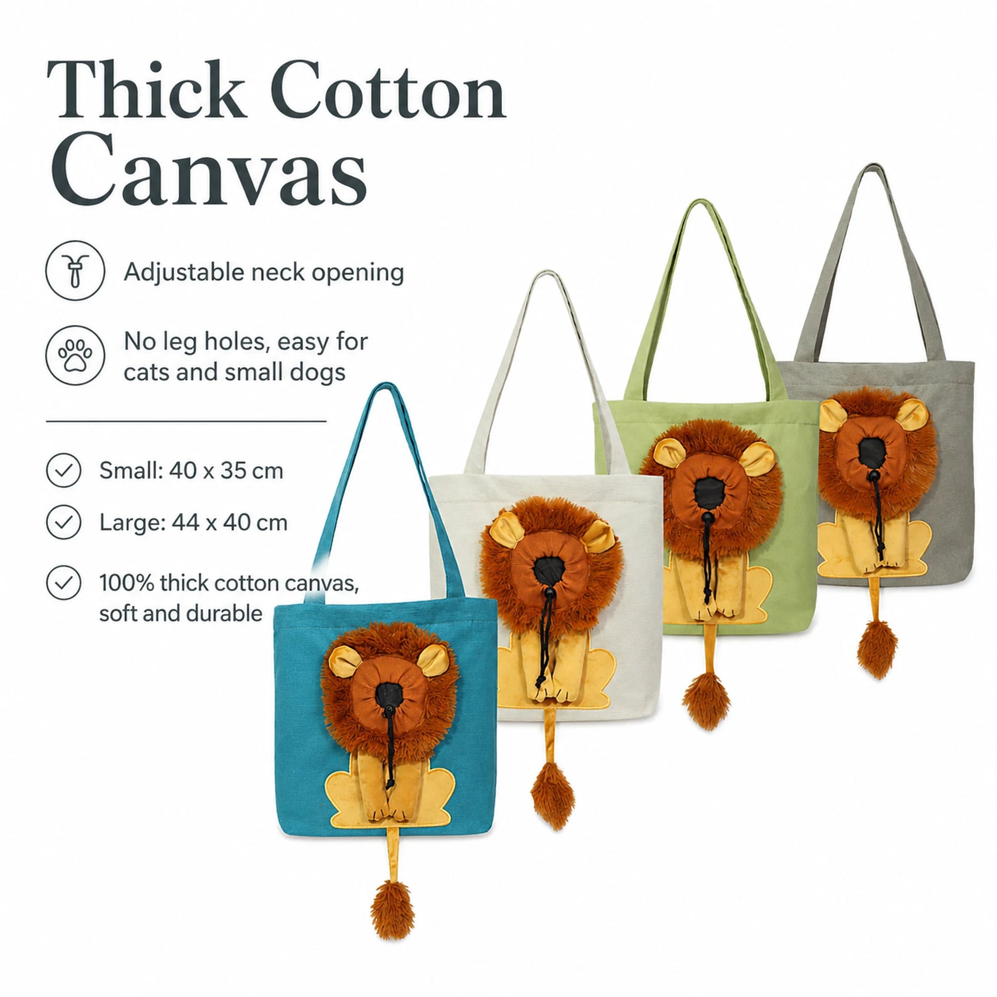 Lion canvas cat carrier sizing chart — Small 40x35cm, Large 44x40cm, thick cotton canvas