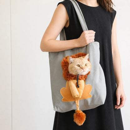 Cat in gray lion canvas carrier tote, crossbody carry