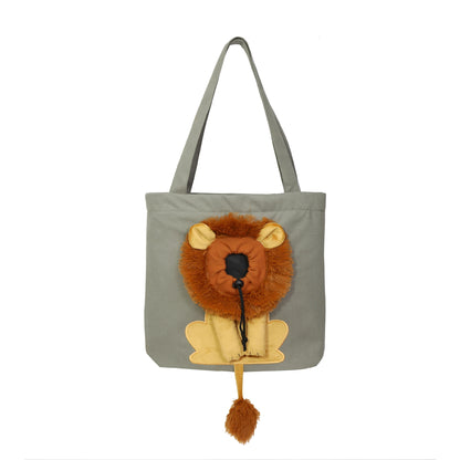 Gray green lion canvas cat carrier tote — main view