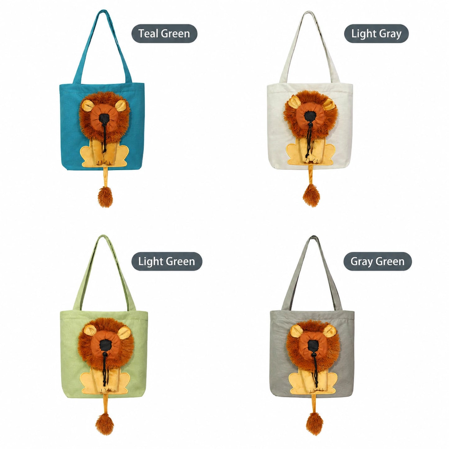 Lion canvas cat carrier color options — teal green, light gray, light green, gray green
