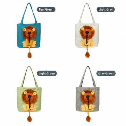Lion canvas cat carrier color options — teal green, light gray, light green, gray green