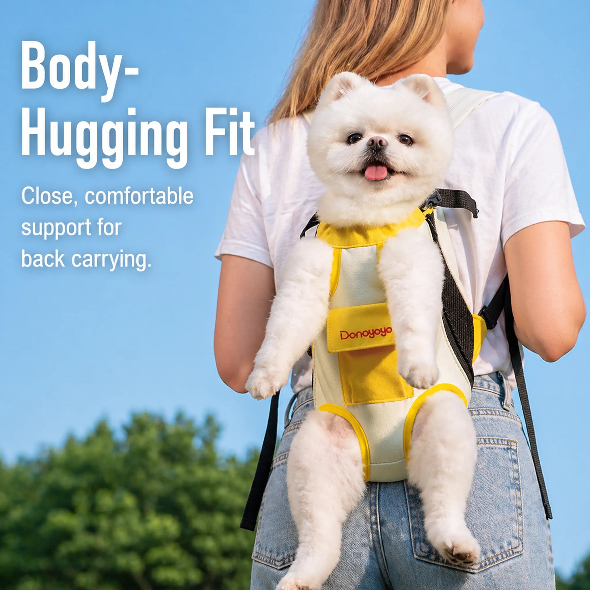 Pet carrier in back carry showing body-hugging fit