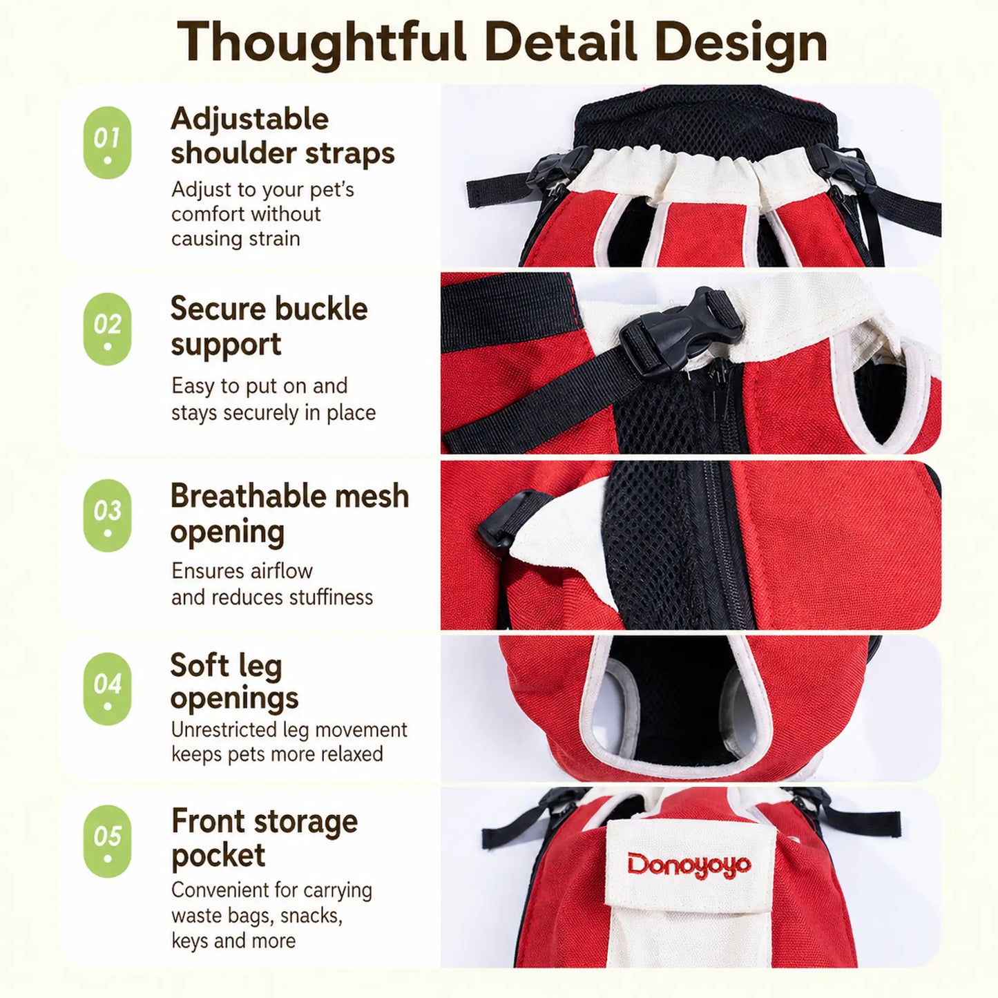Pet carrier detail design — adjustable straps, buckle, mesh, leg openings, pocket