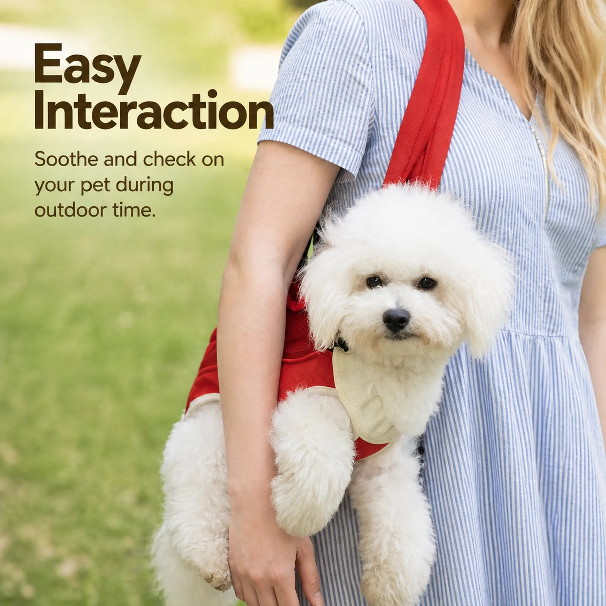 Pet carrier outdoor lifestyle — easy interaction with pet during walks