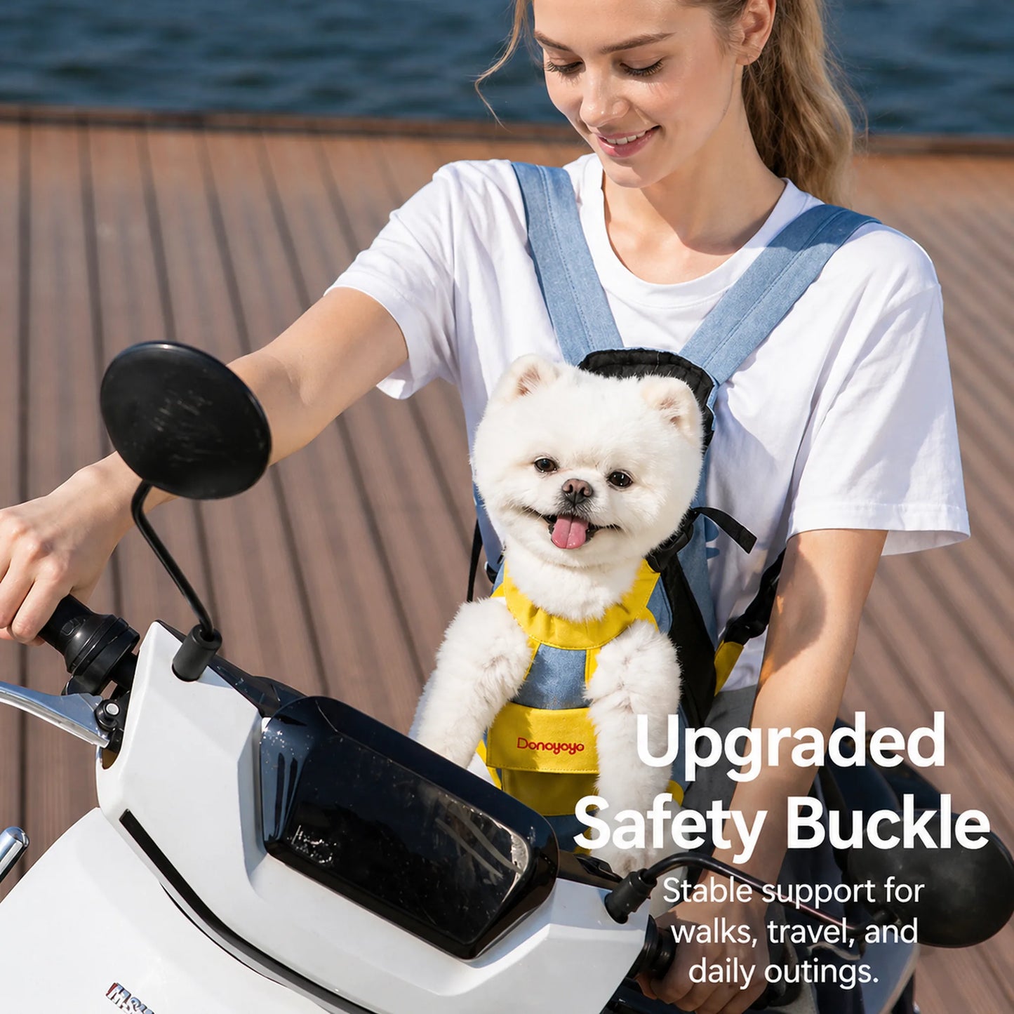 Pet carrier in lifestyle use showing upgraded safety buckle