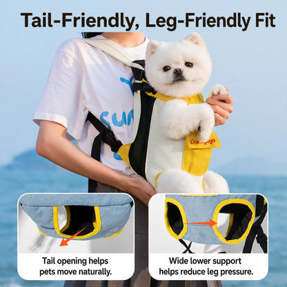Pet carrier tail opening and wide lower support for legs