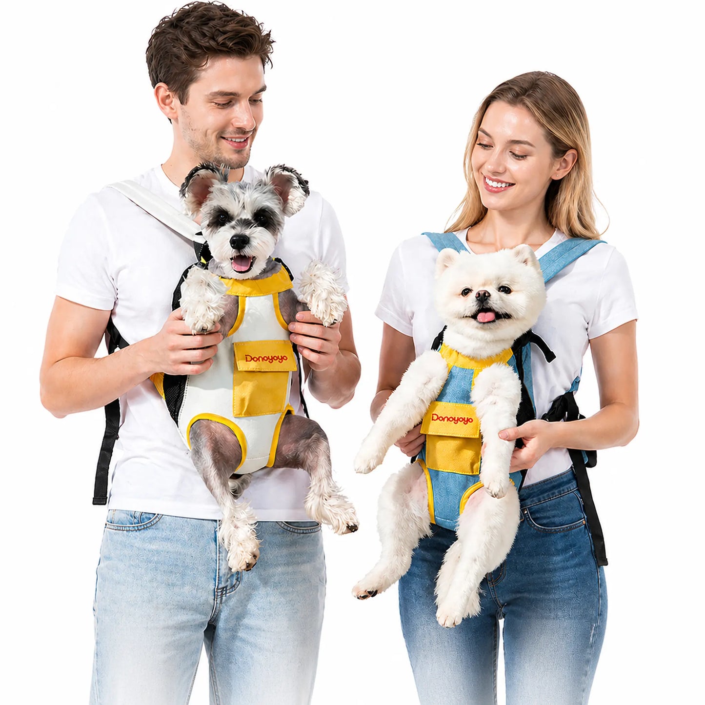Cotton linen pet carrier backpack — couple carrying dogs front and back