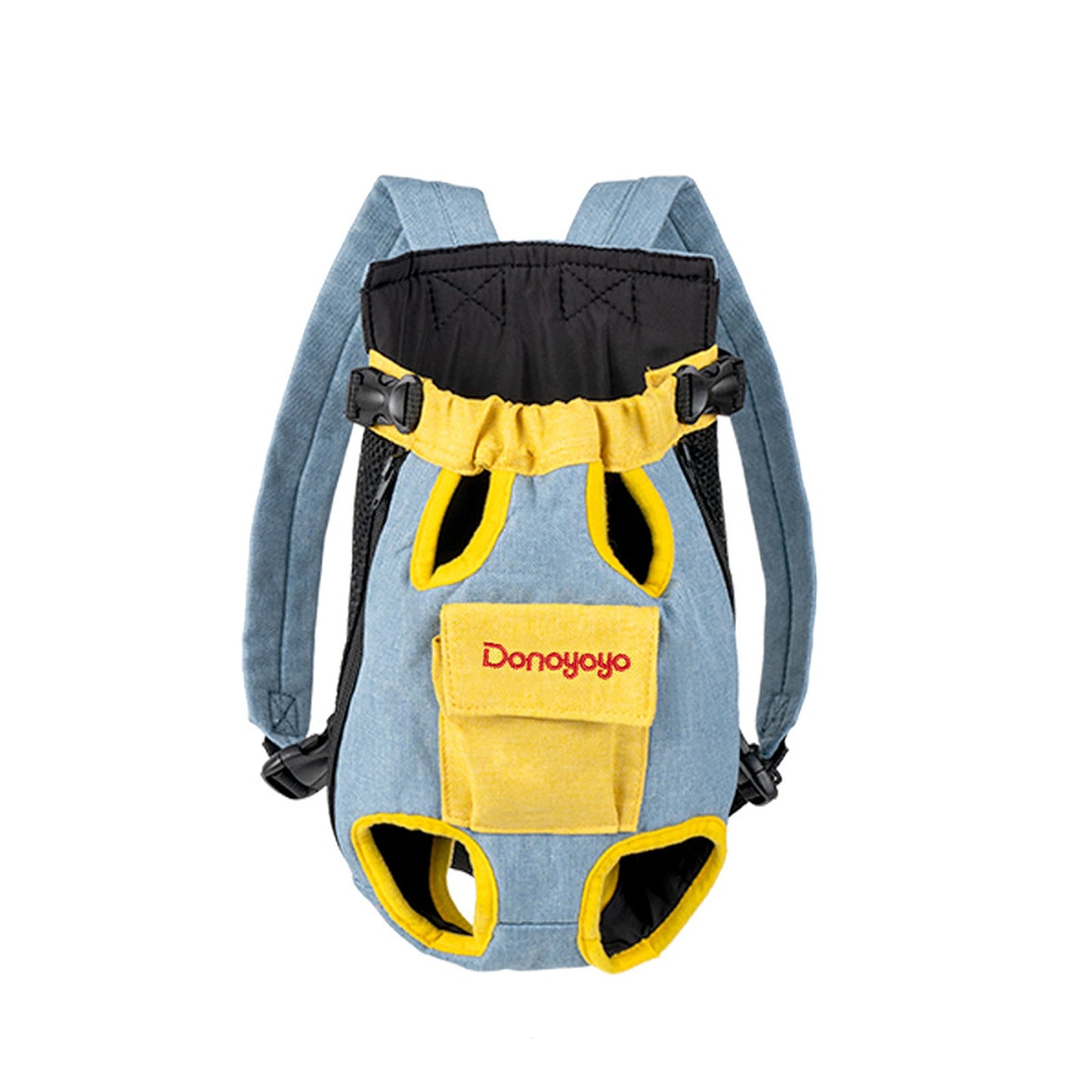 Blue and yellow cotton linen pet carrier backpack — product view