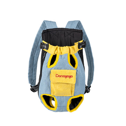 Blue and yellow cotton linen pet carrier backpack — product view