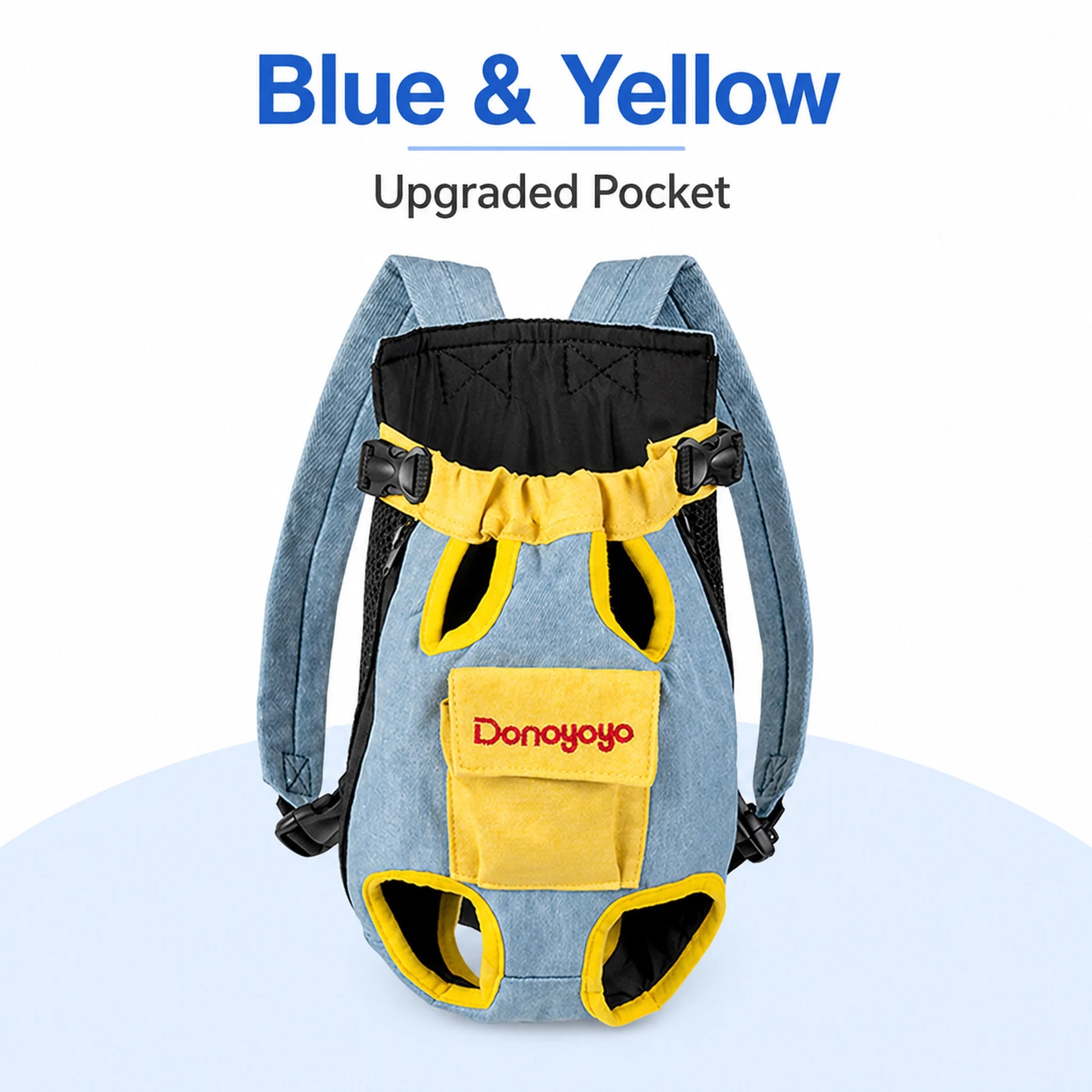 Blue and yellow cotton linen pet carrier with upgraded front pocket