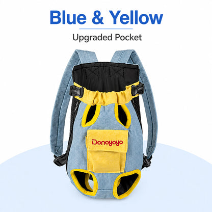 Blue and yellow cotton linen pet carrier with upgraded front pocket