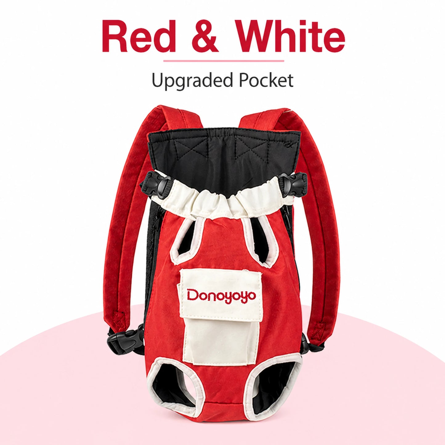 Red and white cotton linen pet carrier with upgraded front pocket