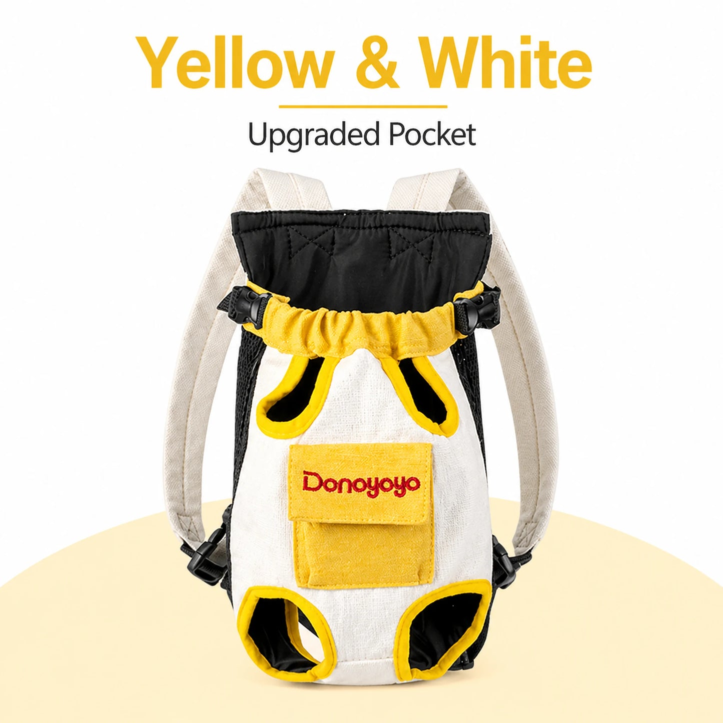 Yellow and white cotton linen pet carrier with upgraded front pocket