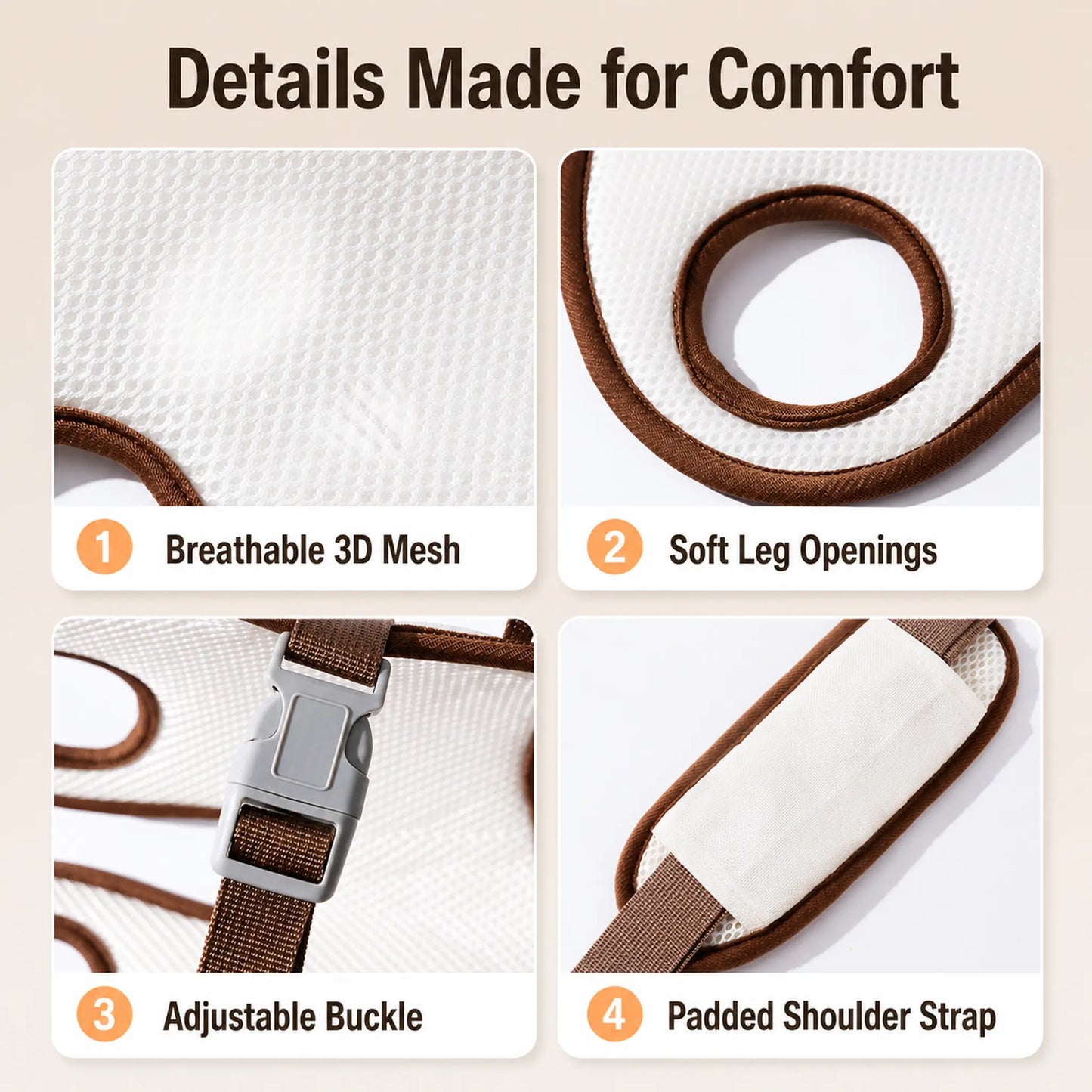 Carrier details — breathable mesh, soft leg openings, adjustable buckle, padded strap