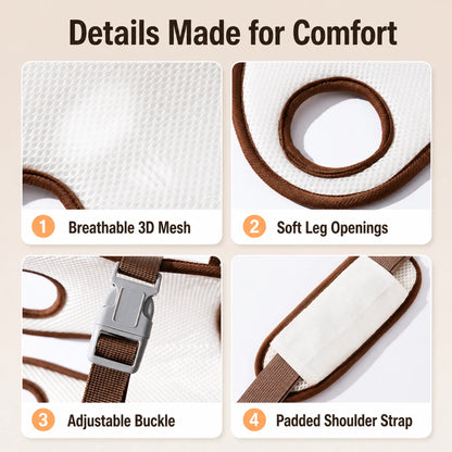 Carrier details — breathable mesh, soft leg openings, adjustable buckle, padded strap