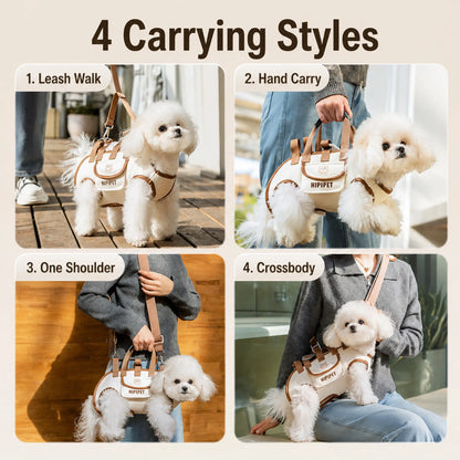 Four carrying styles — leash walk, hand carry, one shoulder, crossbody