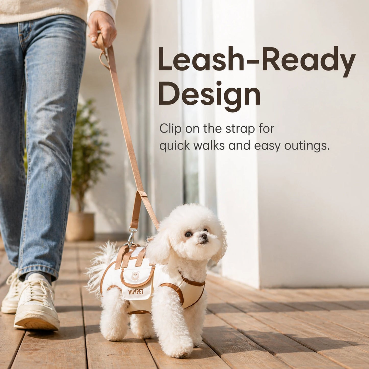 Leash-ready design — clip on for walks while carrier is worn as harness