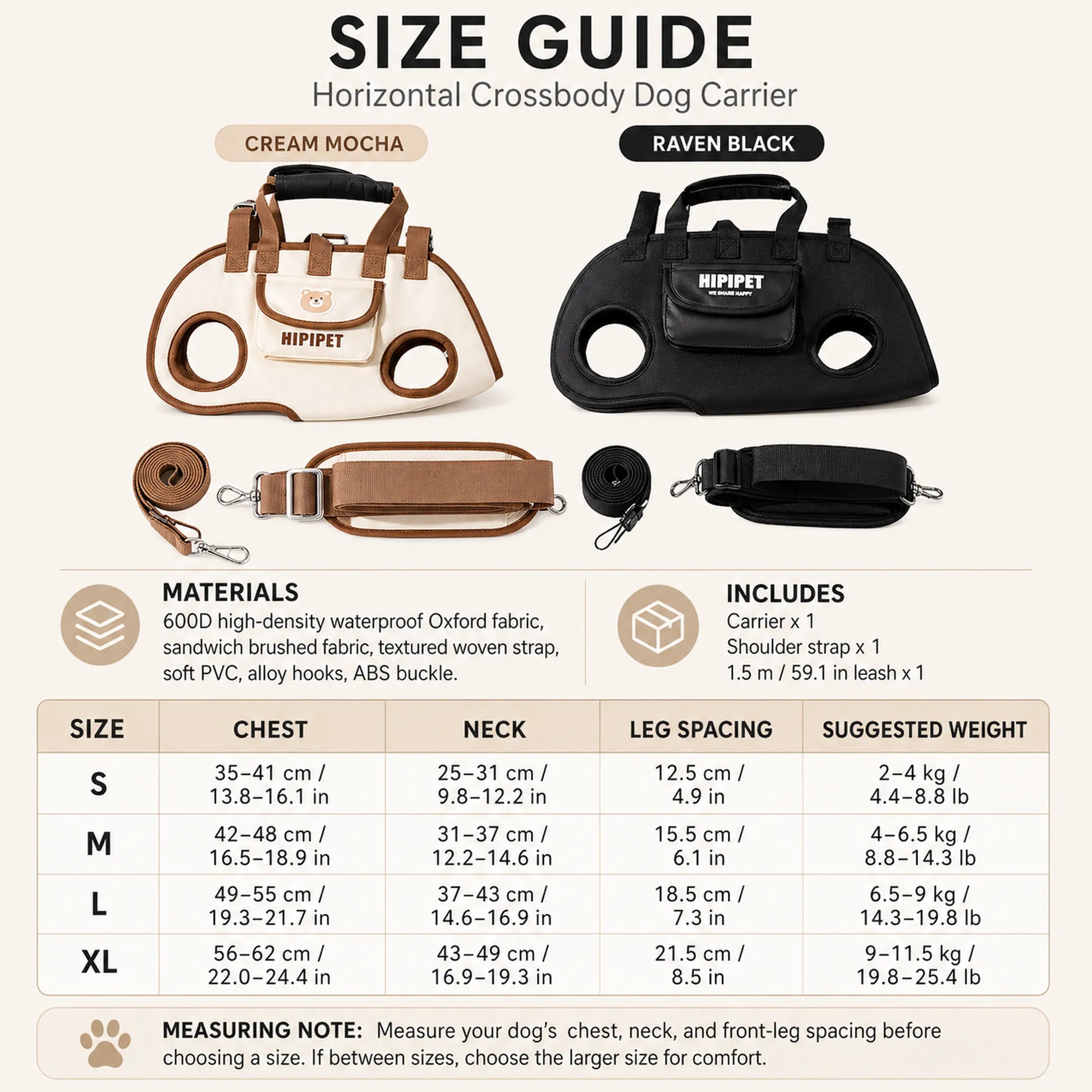Size guide — S to XL, dogs 2 to 11.5 kg, chest neck and leg-spacing measurements
