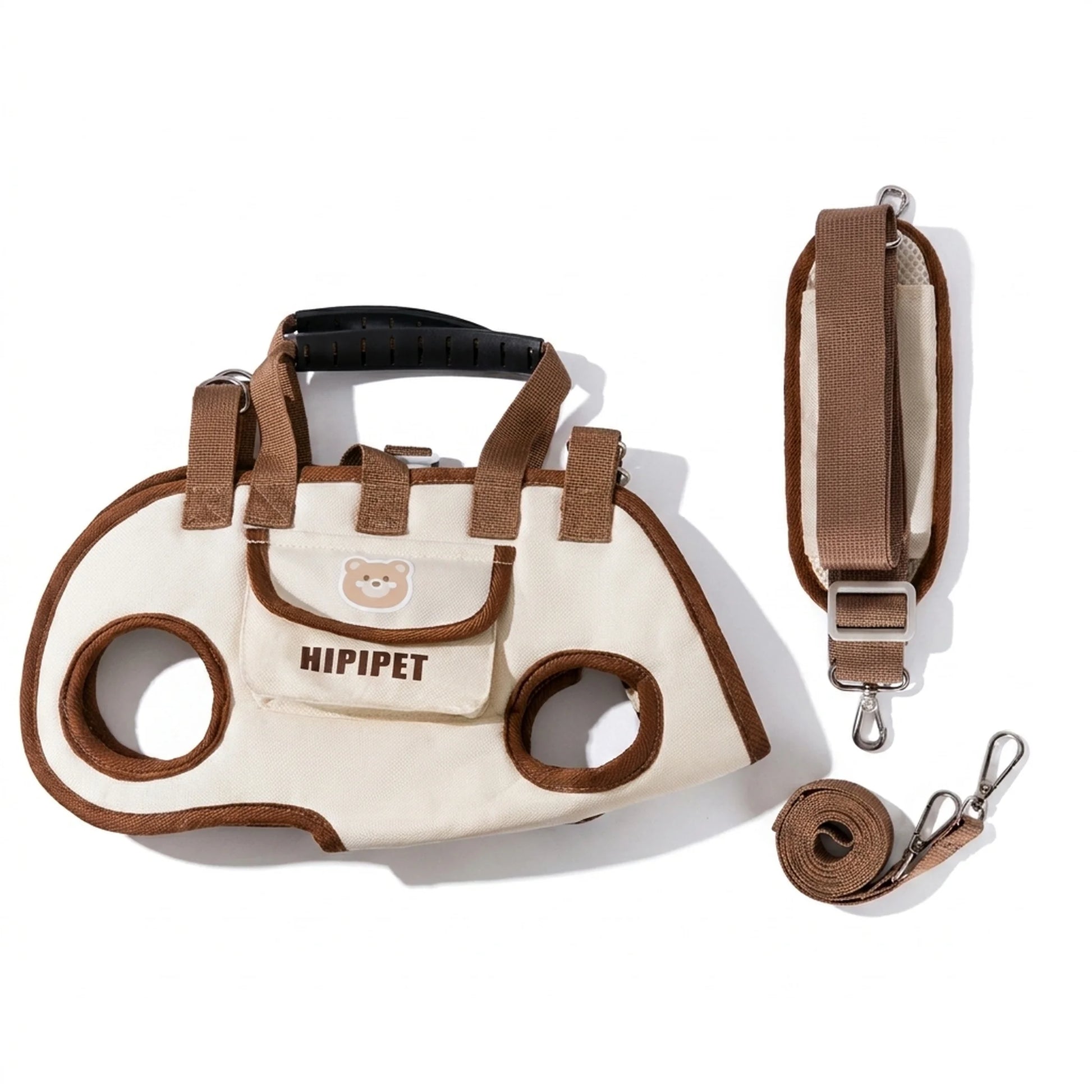 Cream mocha horizontal dog carrier with strap, leash, and front pocket