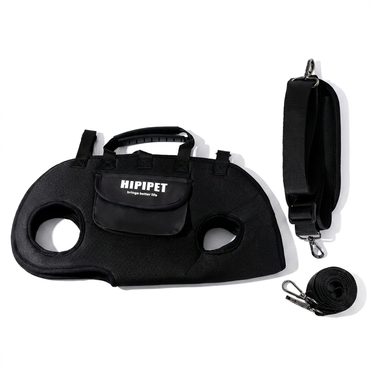 Raven black horizontal dog carrier with strap, leash, and front pocket