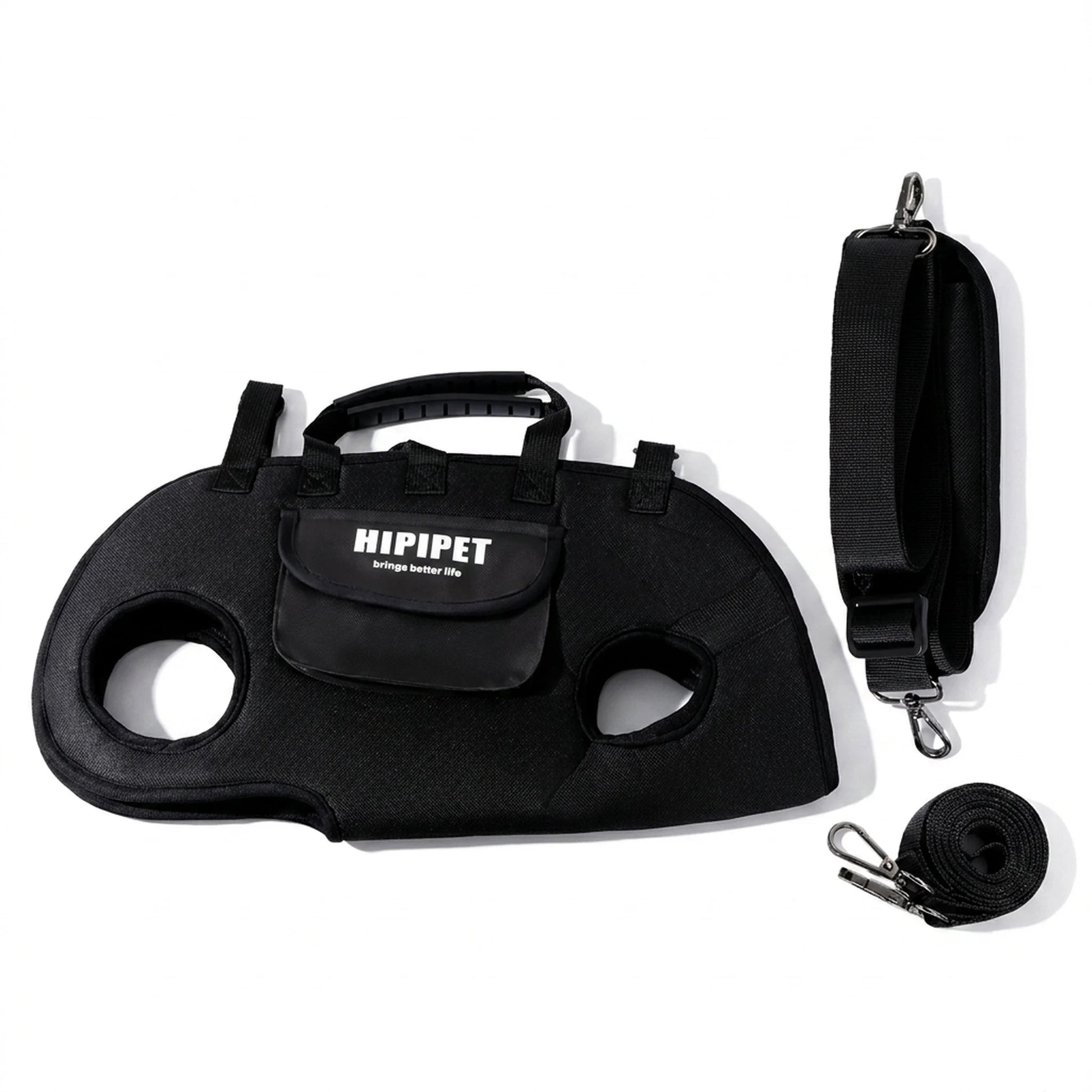 Raven black horizontal dog carrier with strap, leash, and front pocket
