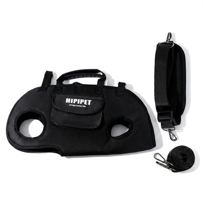 Raven black horizontal dog carrier with strap, leash, and front pocket