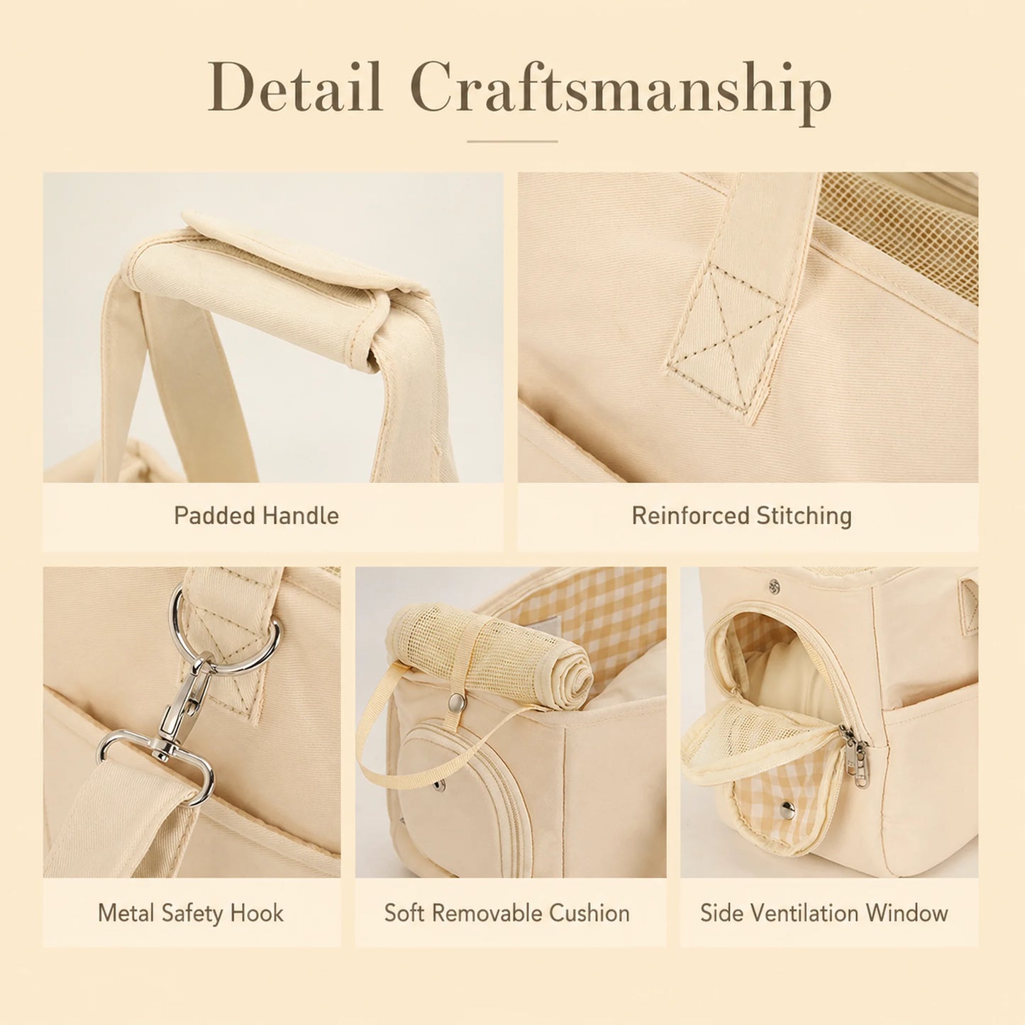 Detail craftsmanship — padded handle, reinforced stitching, metal hook, removable cushion, side window