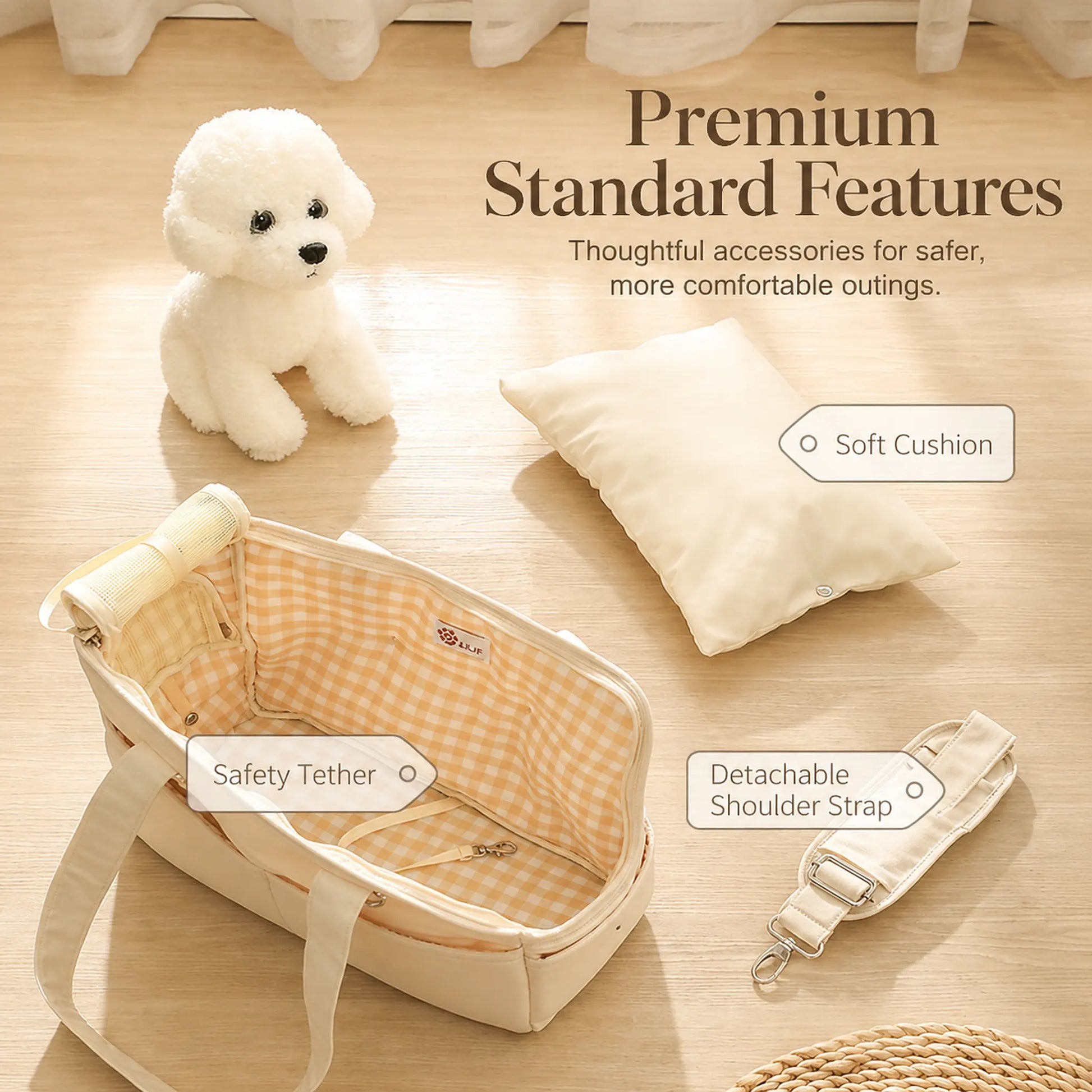 Included accessories — cushion, safety tether, detachable shoulder strap
