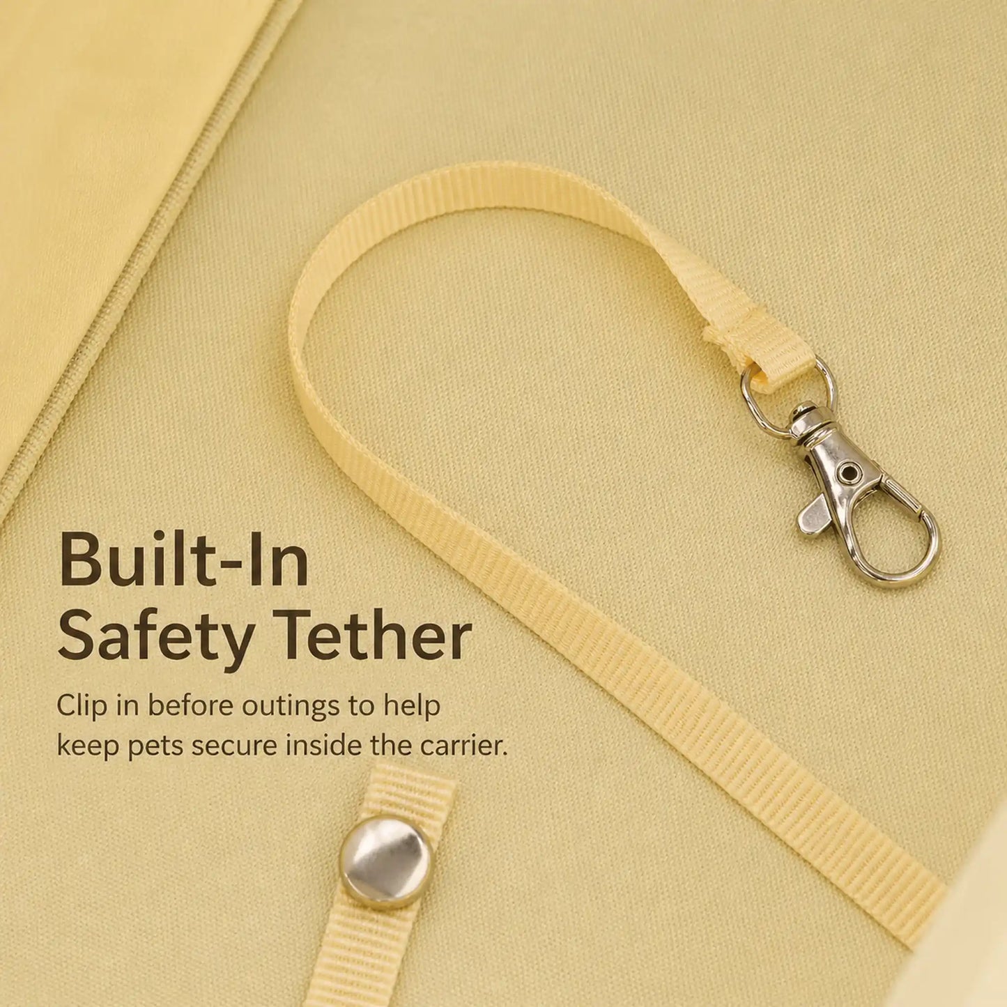 Built-in safety tether with metal clip to keep pets secure inside