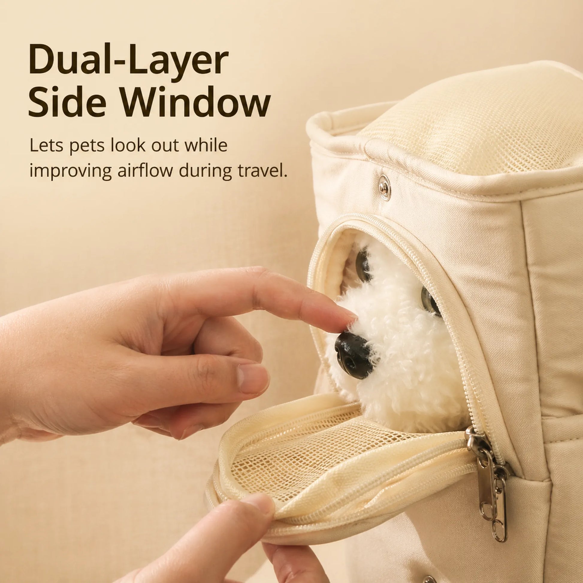 Dual-layer side window for pet visibility and airflow during travel