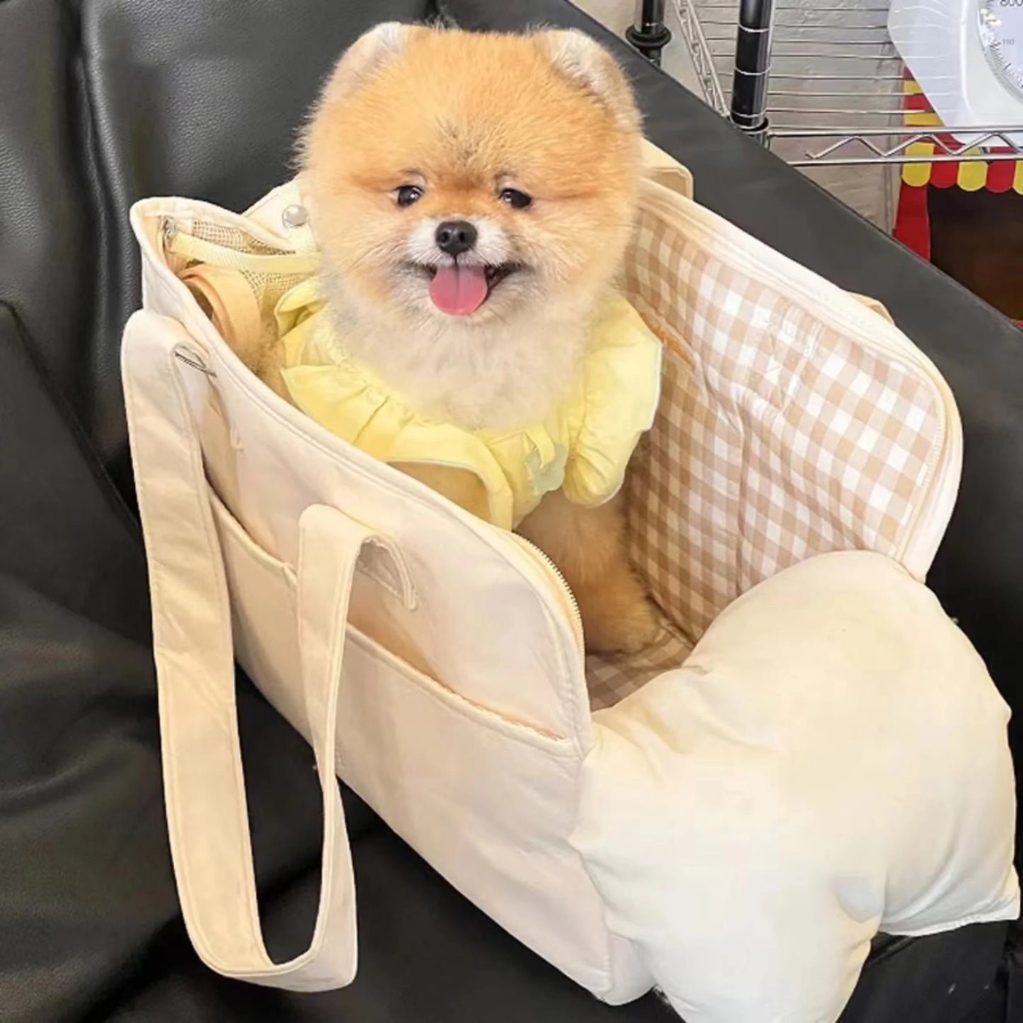 Pet carrier used as dog seat at home for relaxed daily use