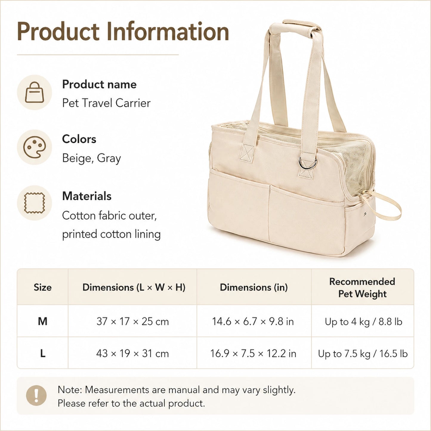 Pet travel carrier size guide — M and L dimensions, recommended pet weight
