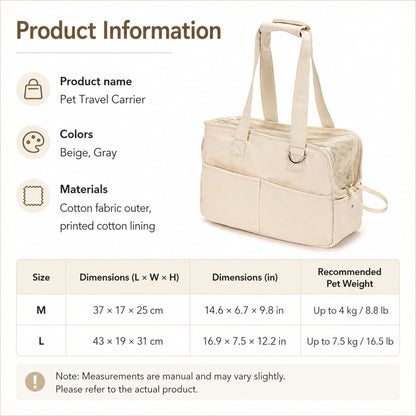 Pet travel carrier size guide — M and L dimensions, recommended pet weight
