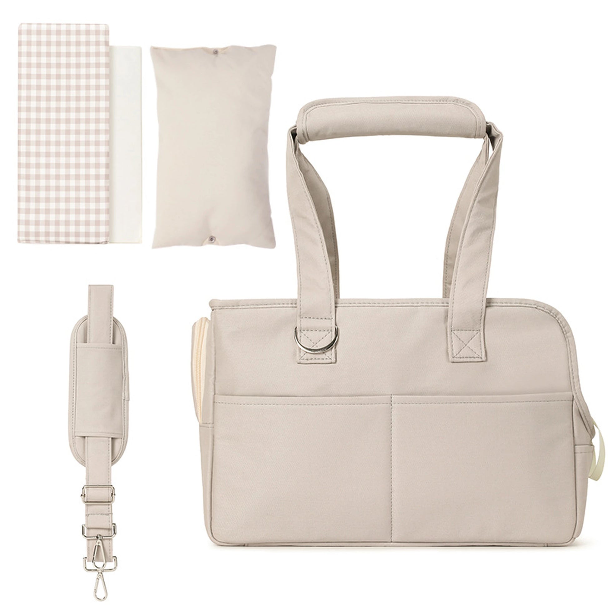 Beige pet travel carrier with cushion and shoulder strap set