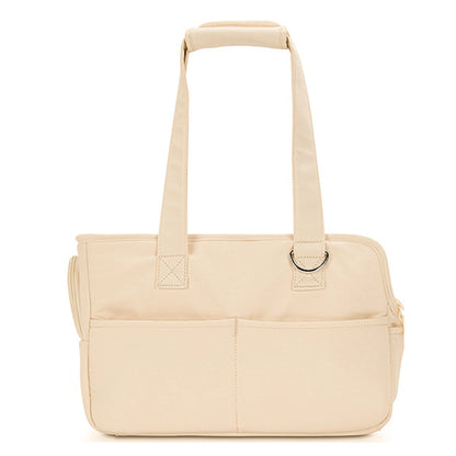 Beige cotton pet travel carrier tote — front view