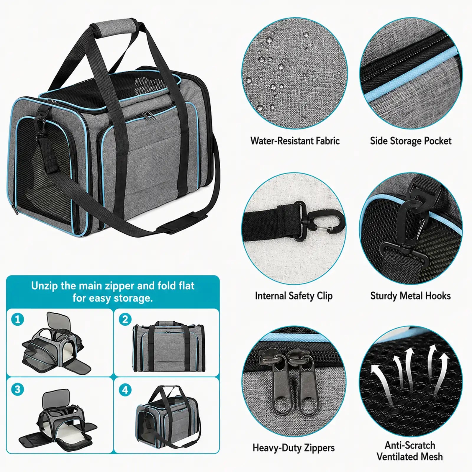 Close-up details of the pet carrier — water-resistant fabric, side pocket, safety clip, metal hooks, heavy-duty zippers, anti-scratch mesh