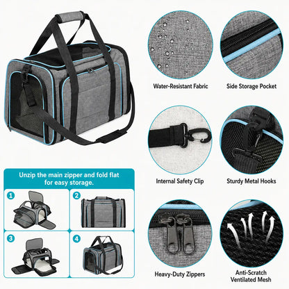 Close-up details of the pet carrier — water-resistant fabric, side pocket, safety clip, metal hooks, heavy-duty zippers, anti-scratch mesh