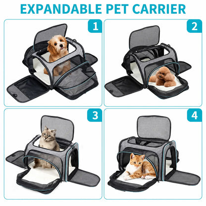 Four panels showing different pets inside the expanded gray-and-blue pet carrier