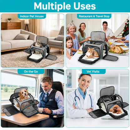 Four use cases for the expandable pet carrier — indoor pet house, restaurant stop, on the go, vet visits