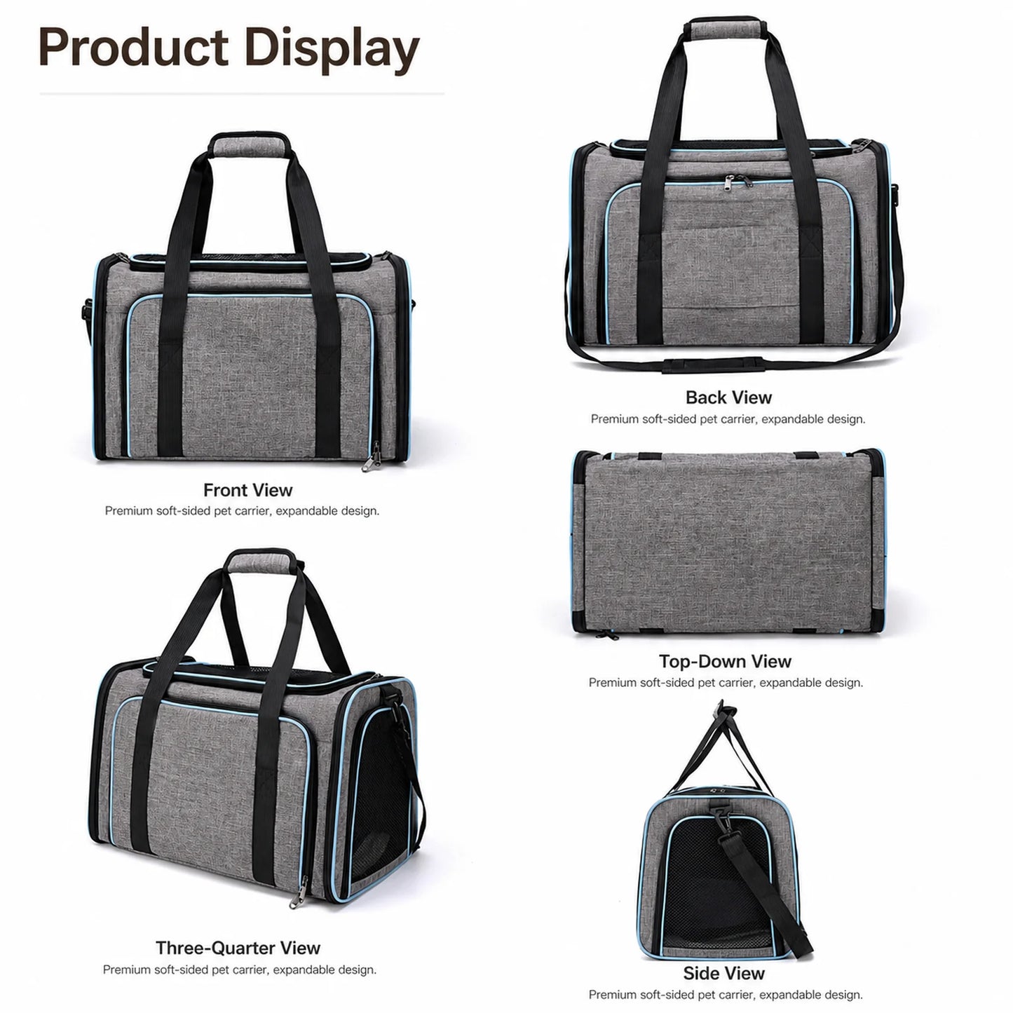 Five views of the gray-and-blue expandable pet carrier — front, back, top-down, three-quarter, side