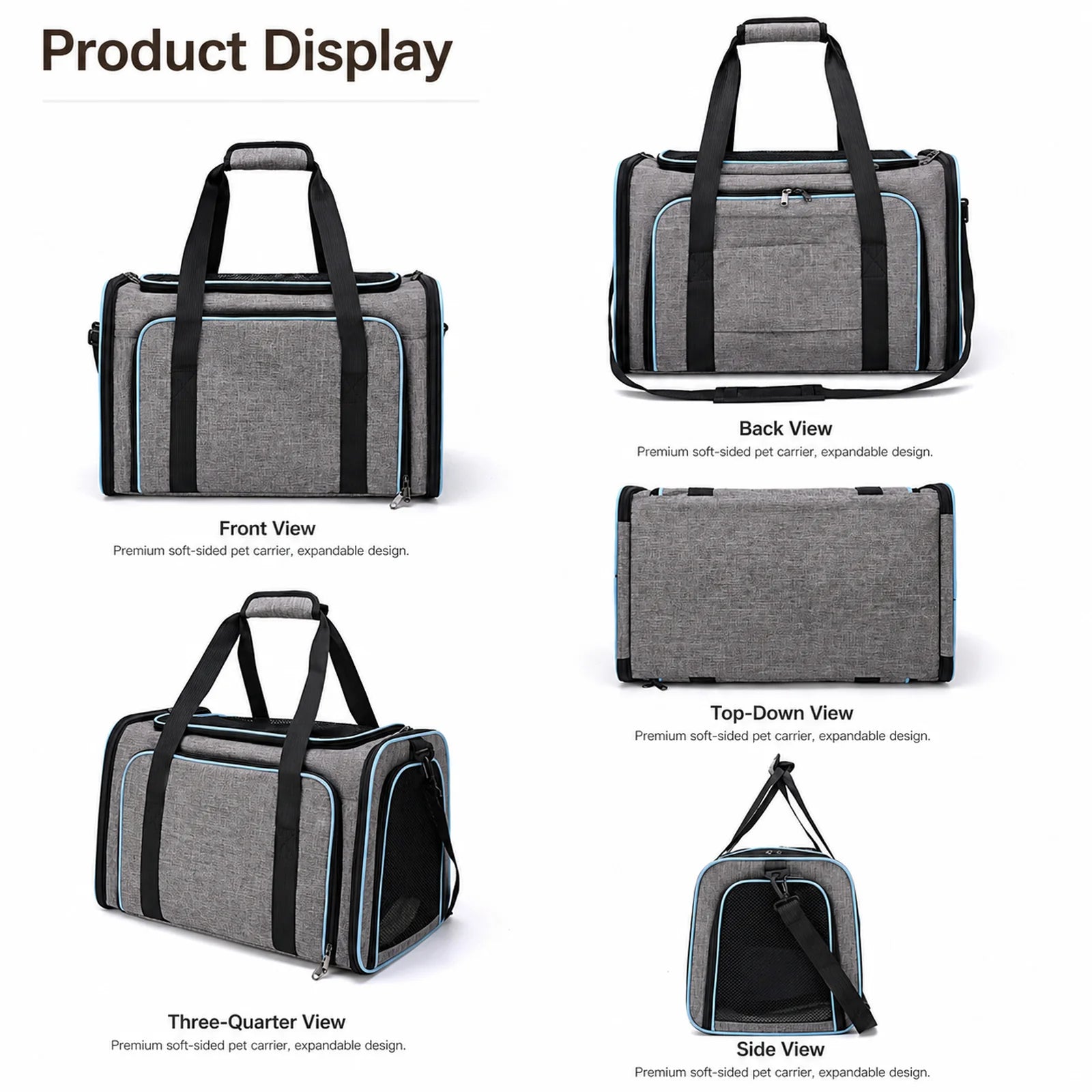 Five views of the gray-and-blue expandable pet carrier — front, back, top-down, three-quarter, side