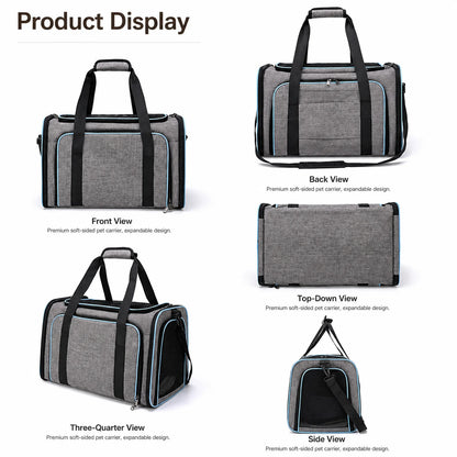 Five views of the gray-and-blue expandable pet carrier — front, back, top-down, three-quarter, side