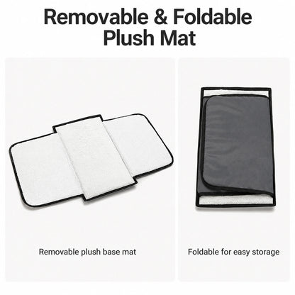 Removable plush base mat with black bound edges, shown unfolded and folded