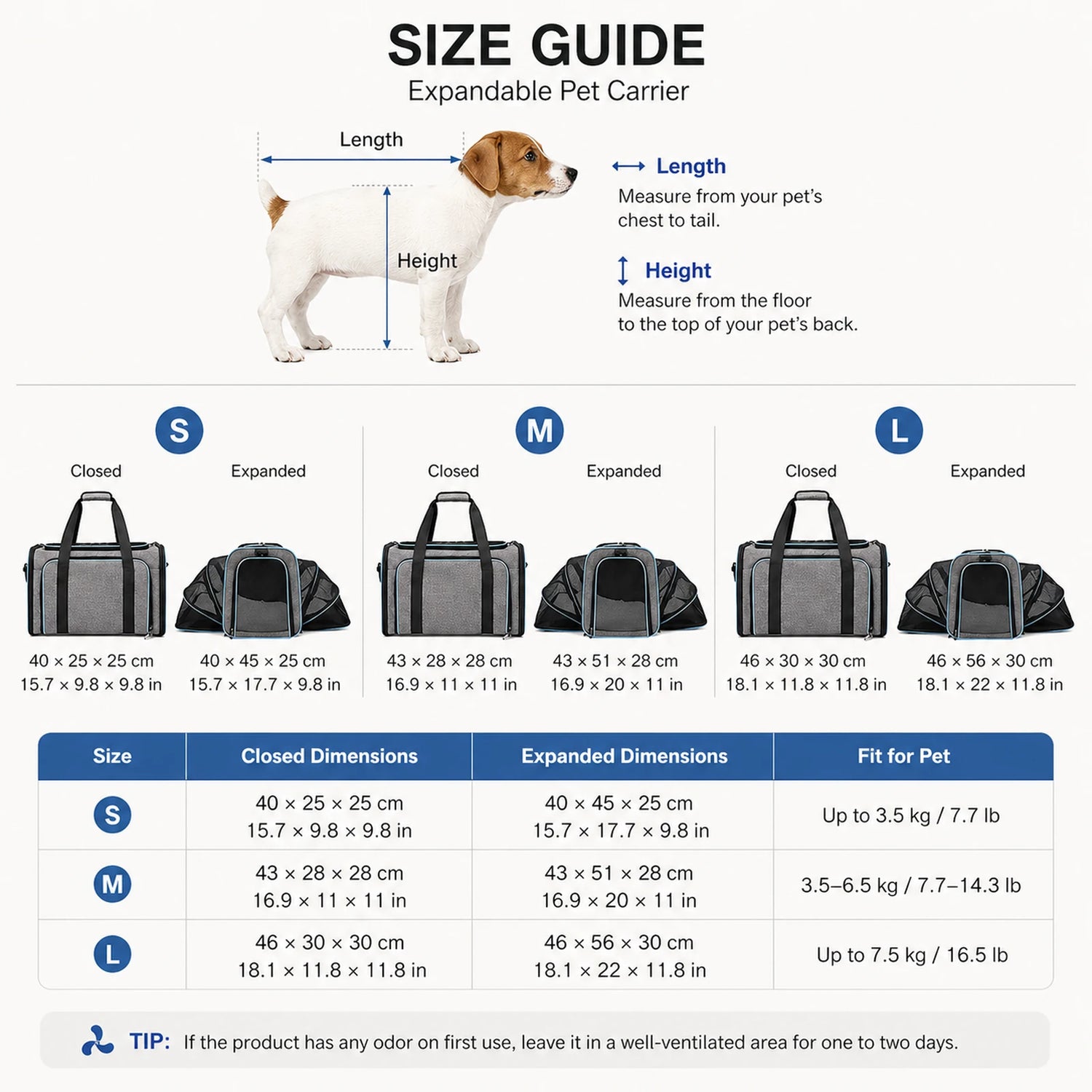 Size guide with S, M, L closed and expanded dimensions in cm and inches plus pet weight ranges