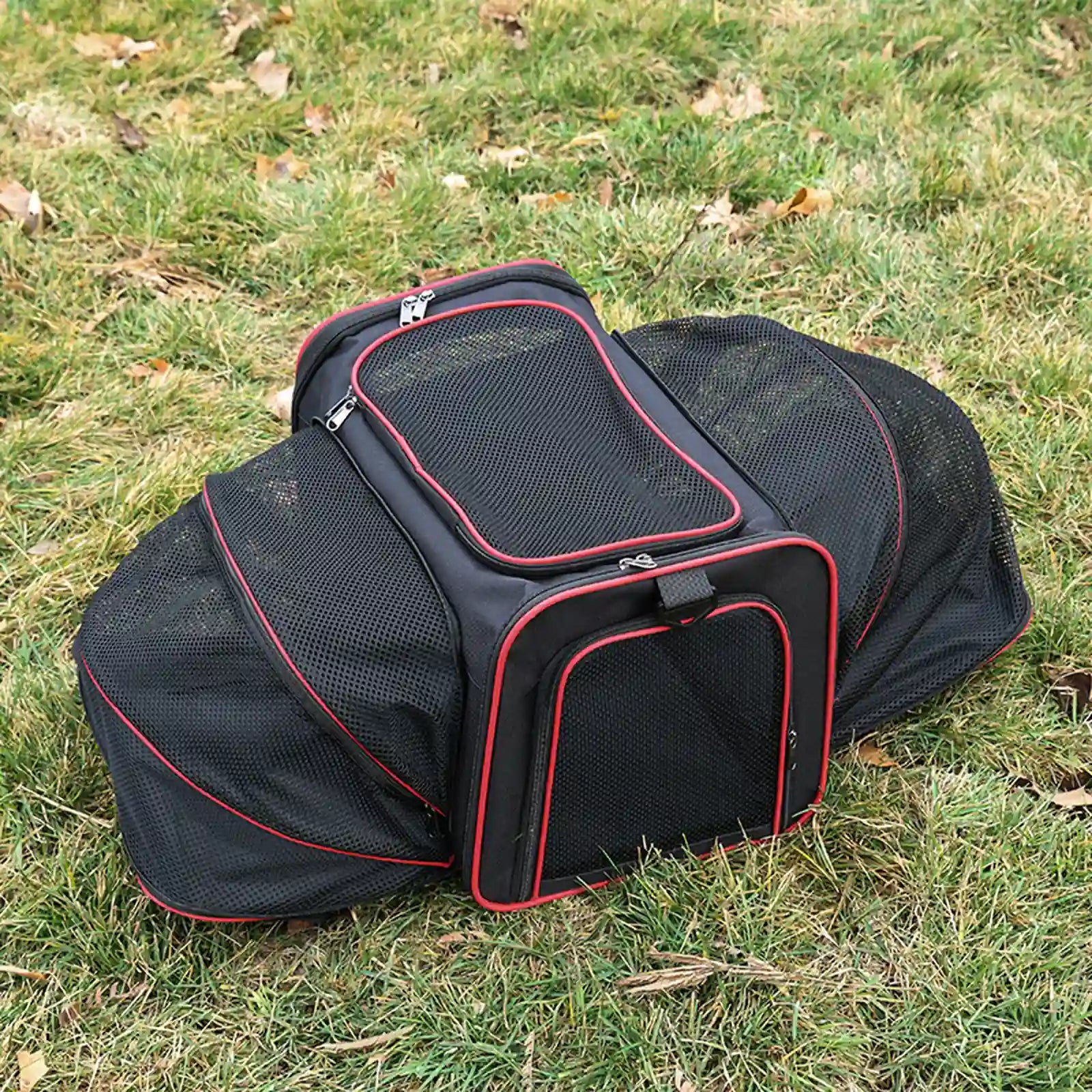 Black expandable pet carrier with red trim, fully expanded on grass