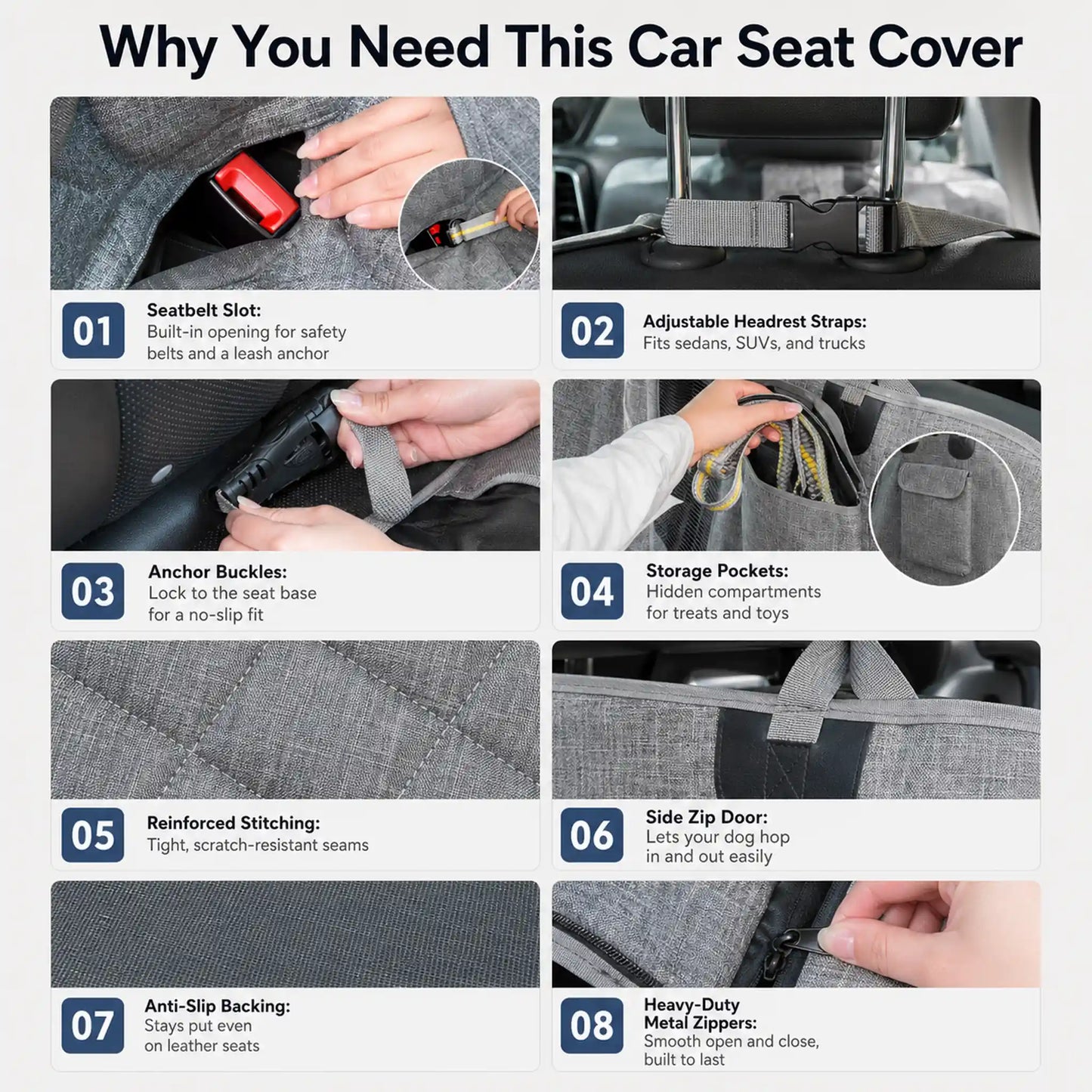 Eight numbered design features of dog car seat cover including seatbelt slot, anchor buckles, and storage pockets